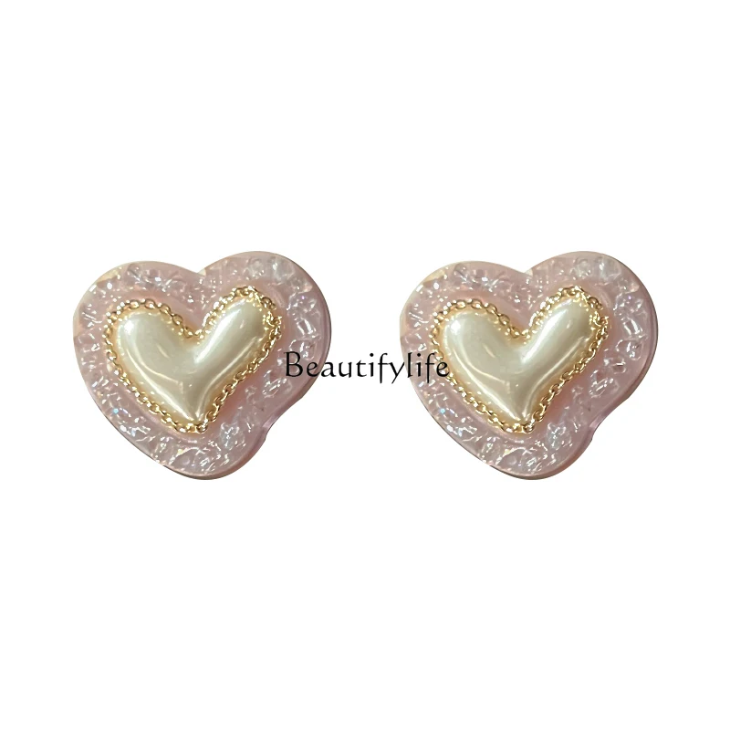 

Retro Crystal Heart Pearl Earrings Light Luxury Design Super Fairy Stud Earrings