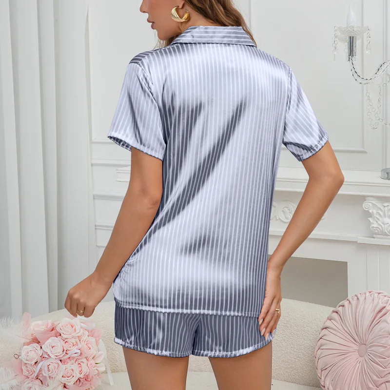 2 Pcs Women Satin Pajama Set, Classic Pinstripe Striped, Silky Smooth Breathable Short‑Sleeve Top & Long Pants Loungewear, For L 3