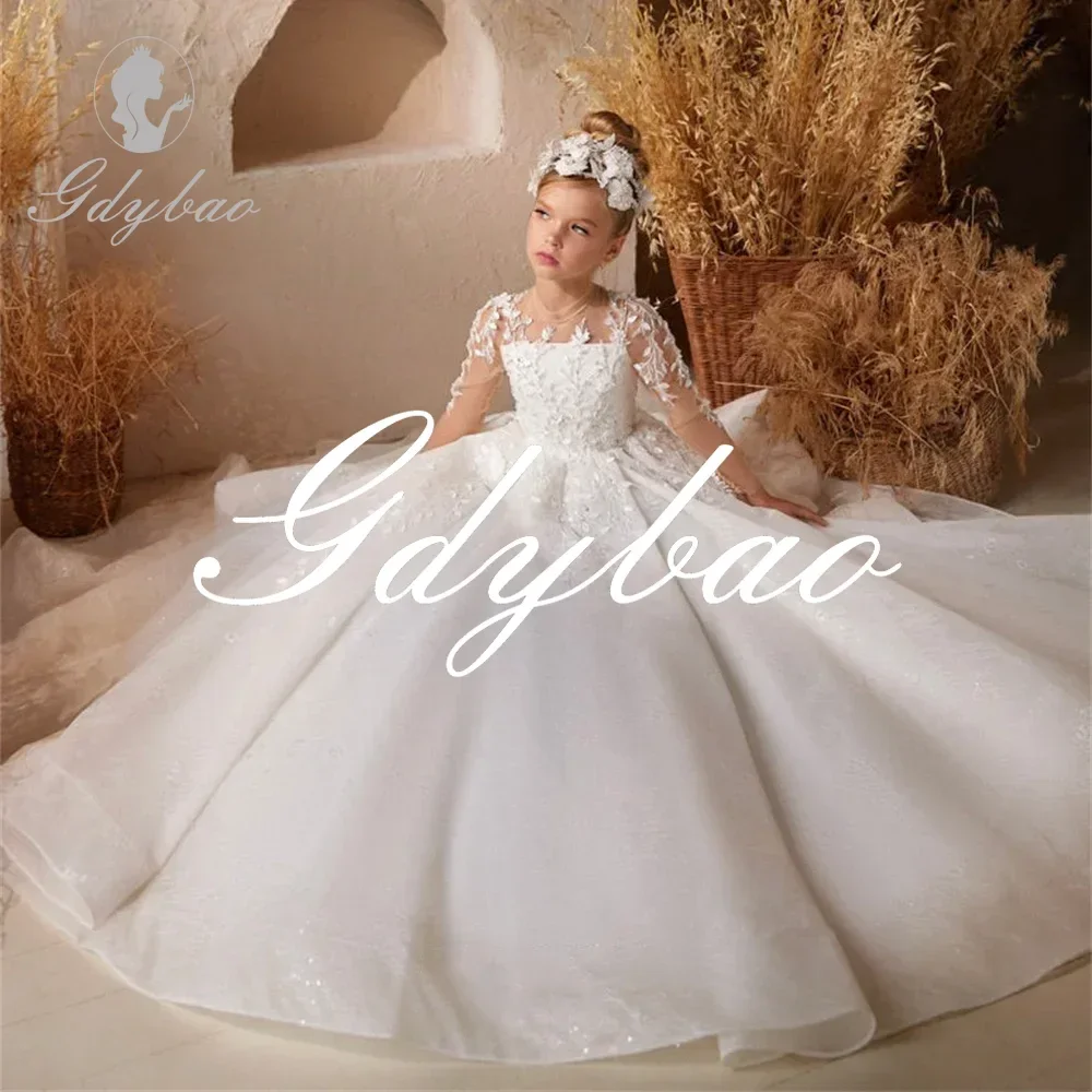 

Classic Long Sleeve Lace Applique Elegant Long Ball First Communion Dress Pleat Sweep Train Flower Girl Gown Customized 2025