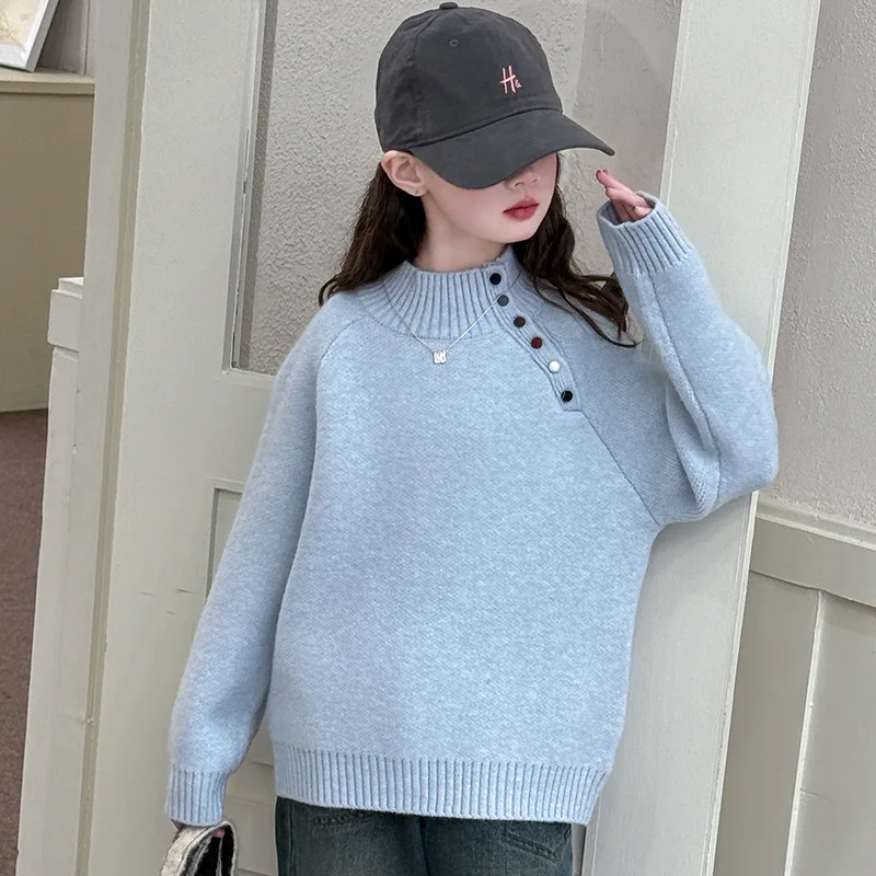 

Свитер для школьниц, осенний корейский вязаный топ на пуговицах для девочек-подростков, однотонный повседневный пуловер с круглым вырезом для девочек