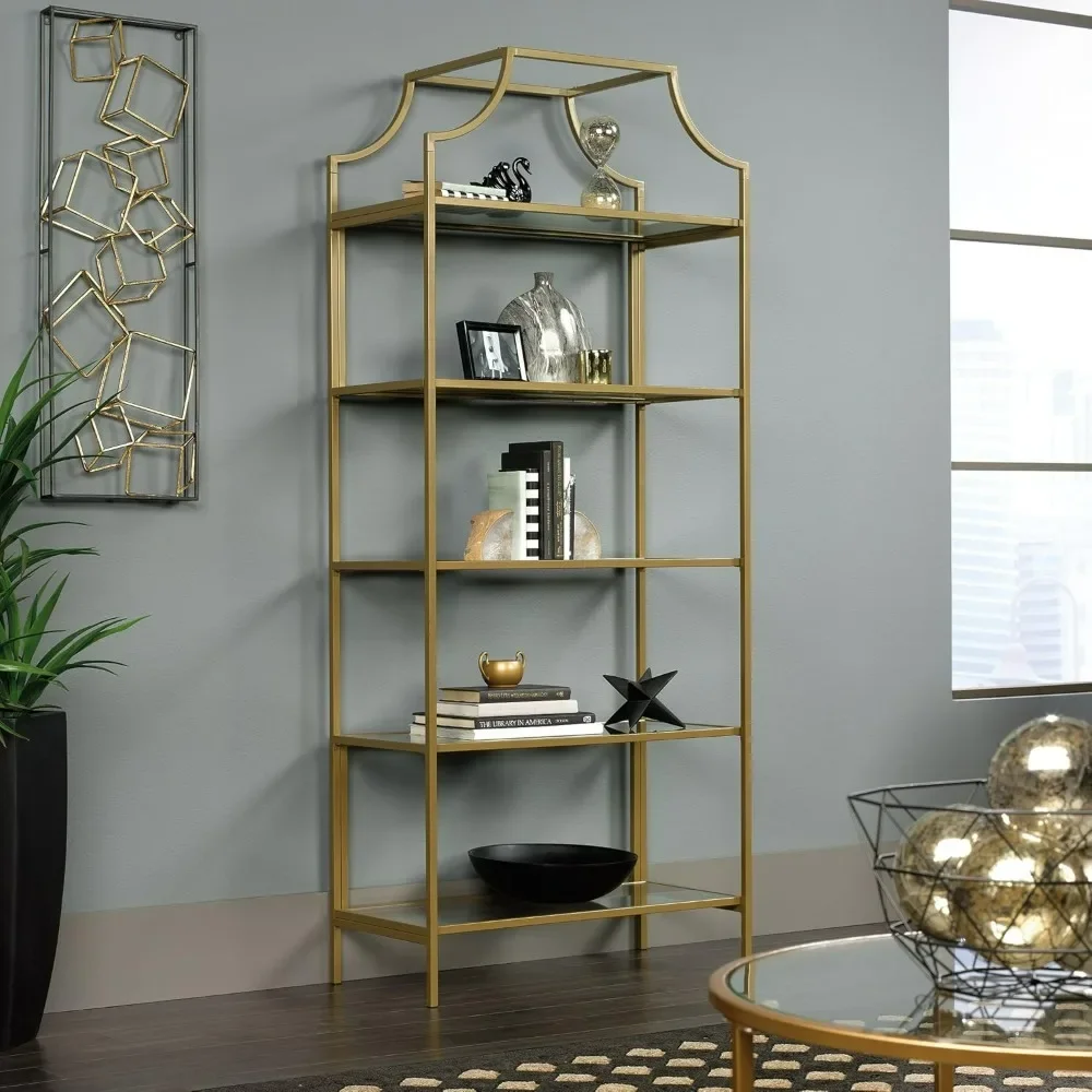 Bookcase and Bookshelves, Satin Gold finish, Bookcase for Office and Bedroom, Living Room, Bookshelf