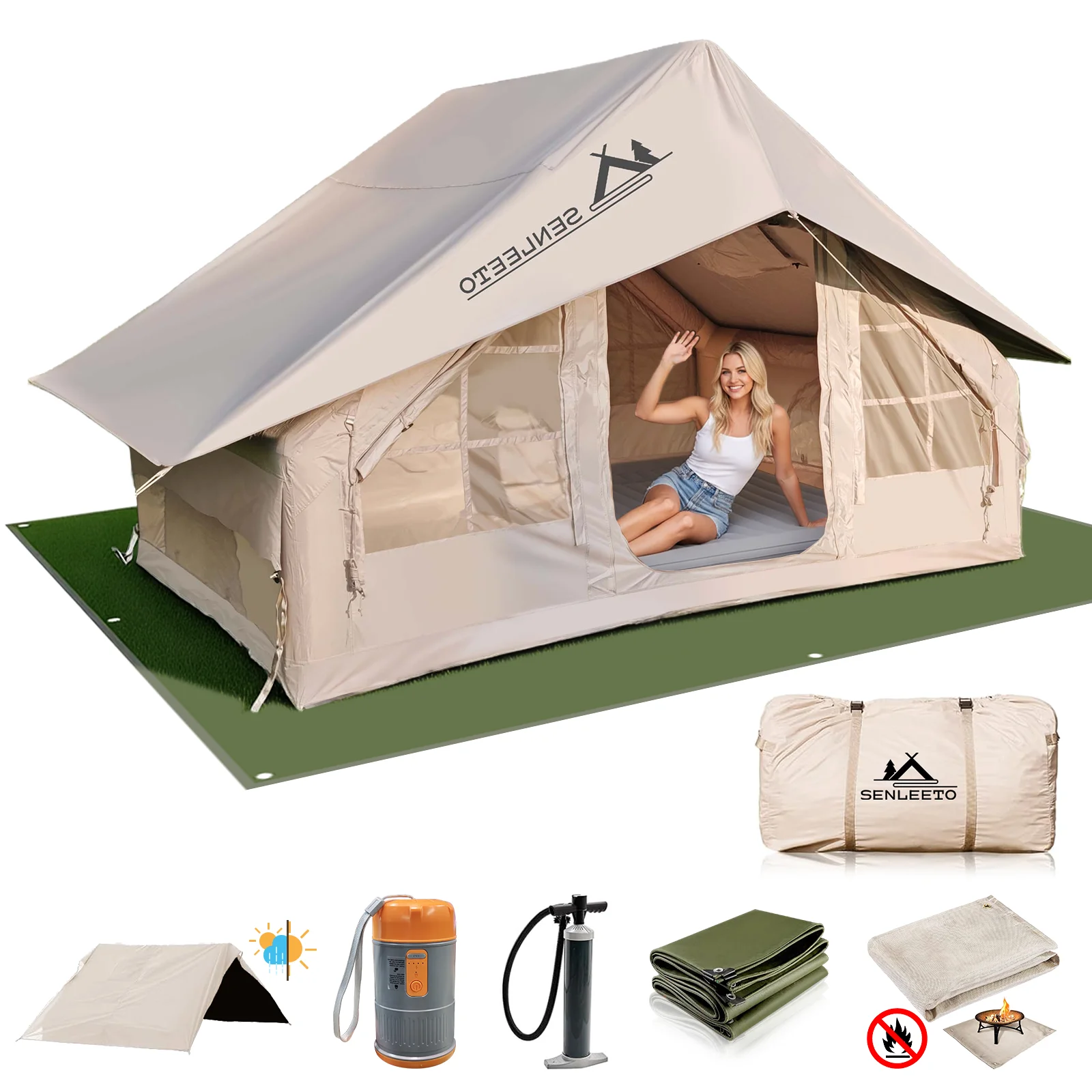 

Набор надувной палатки для кемпинга на 2/3/4 человека, 4-сезонная выдувная палатка с водонепроницаемым навесом, портативная воздушная палатка с электрическим насосом