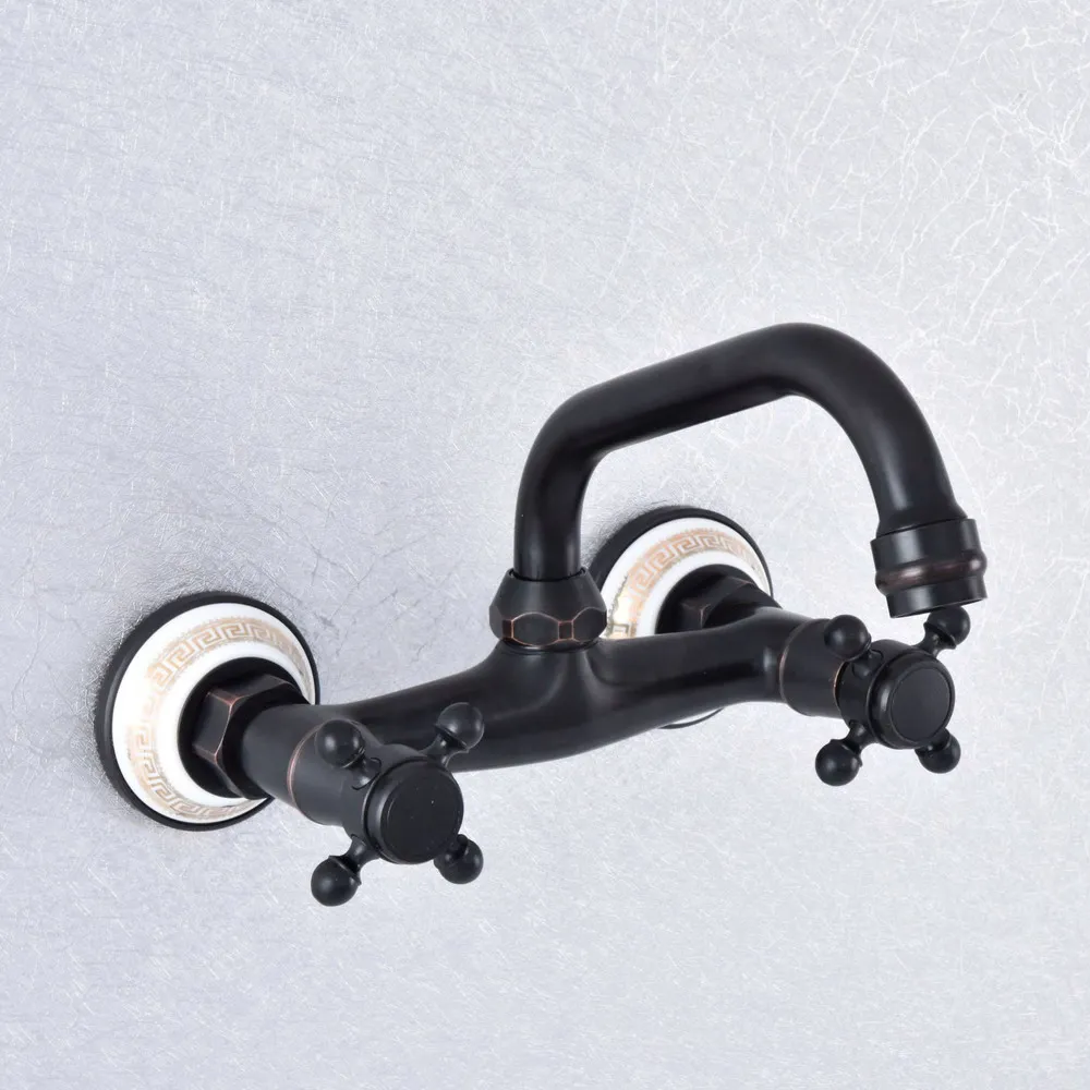 

Black Oil Rubbed Brass Wall Mounted Swivel Spout Kitchen Basin Faucet Bathroom Sink Cold Hot Water Mixer Taps Dsf733