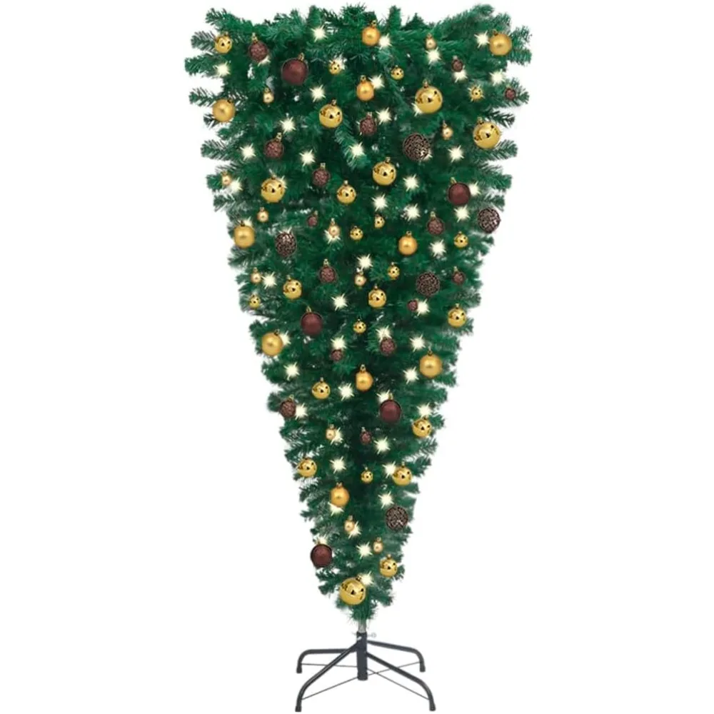 

Inverted Pre Lit Christmas Tree with Decorative Ball Set - Green Gold Artificial Tree with LED Lights, Reusable, 94.5 Inches