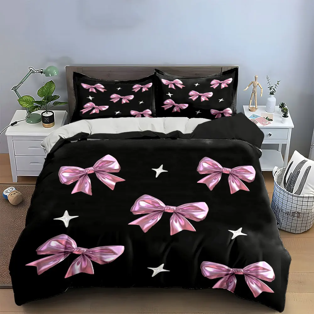 Rosa Schleifen-Dekorationsset, weiches, hautfreundliches Bettwäsche-Set, bestehend aus 1 Bettbezug und 2 Kissenbezügen, Geschenk