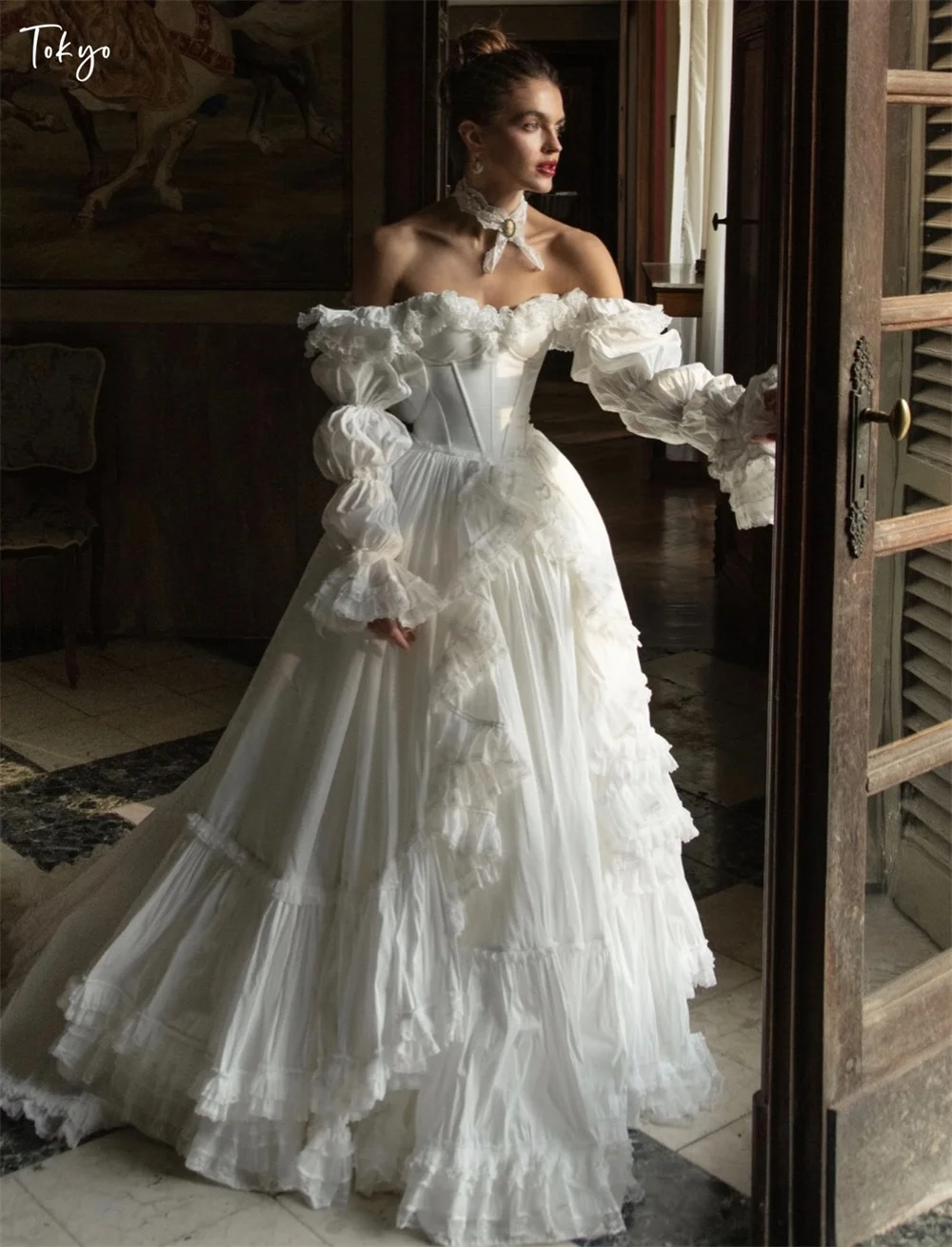 Tokyo White Off the Shoulder Customized Wedding Party Detachable Sleeves Zip Back Bridal Gown Chic A-Line Wedding Gowns 2026