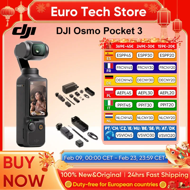 New DJI – Osmo Pocket 3 vlogging kamera, 1" rotējošs touchscreen, CMOS, 4K/120fps, 3-ass gimbal, mehāniska stabilizācija.