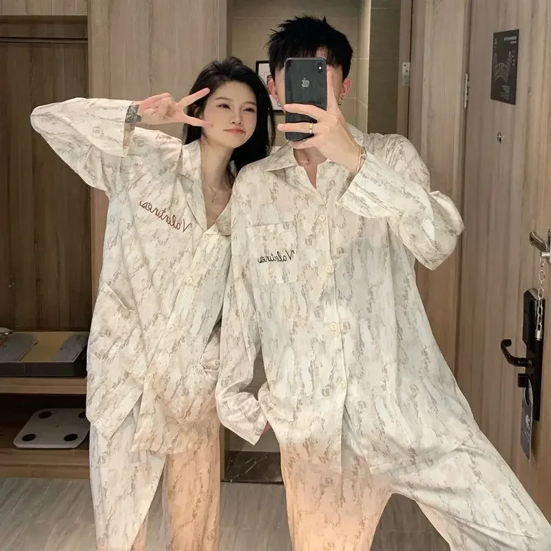 

Couple Sleepwear Silk Pajamas Set Long Sleeve Cardigan Long Pants Two Pieces Homewear Luxury Men Women Pajamas Nightwear