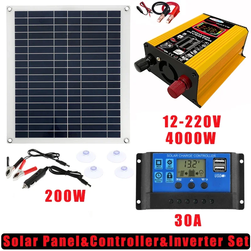 Solar Panel 200W Normal Power 20W+30A Controller+6000W/4000W Inverter DC 12V to AC 220/110V Sine Wave Converter Fast Charging