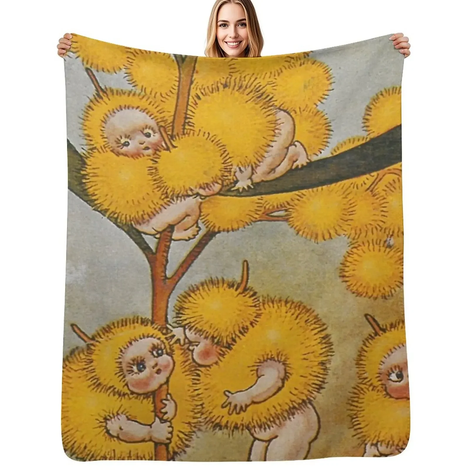 

Wattle Babies - May Gibbs Print Throw Blanket Shaggy for winter Beach Blanket