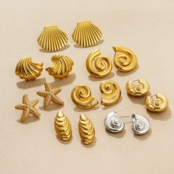 Vintage Stainless Steel Gold Plated Texture Snail Conch Shell Earrings for Women CZ Zircon Starfish Earring Beach Jewelry Gifts