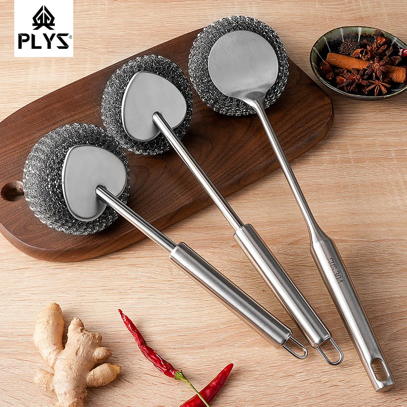 PLYS stainless steel pot brush, pot washing tool kitchen special long handle pot brush, cleaning brush dishwashing wire ball