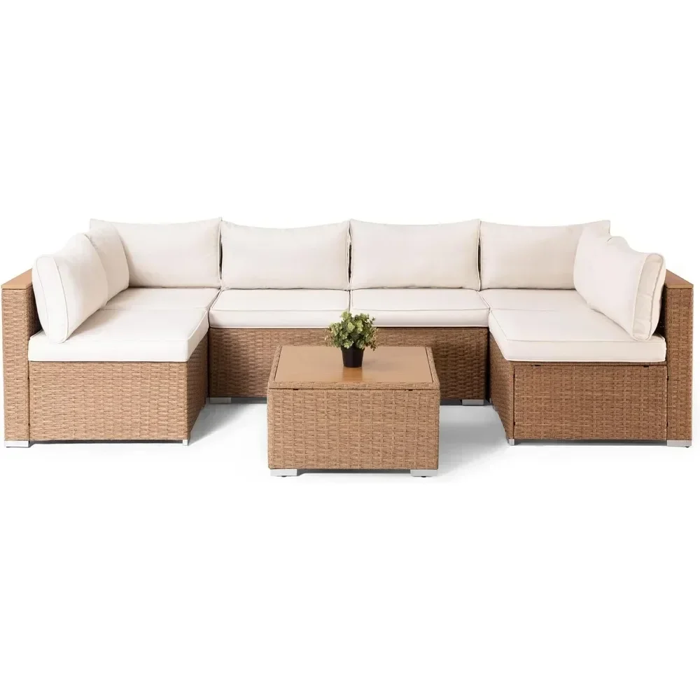 Outdoor Sofa Sets with Thick Cushions  Wood-Like Coffee Table for Garden, 7 Piece All Weather Wicker Sofas Sets