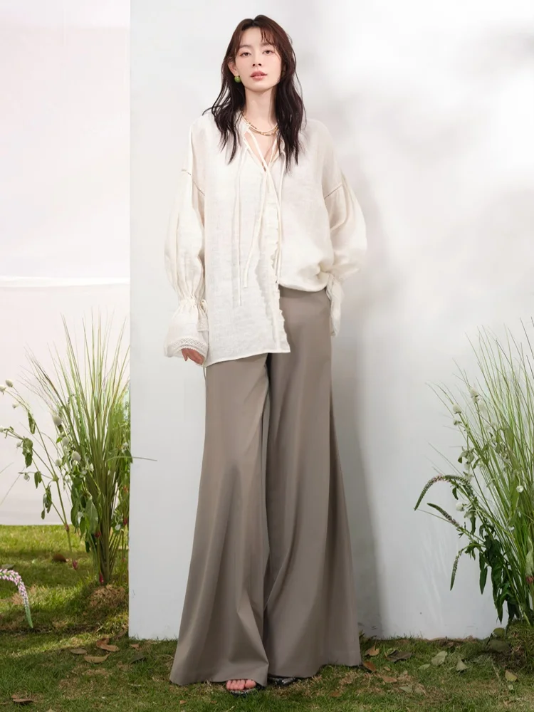 

Ownsong Women's Airy Slimming Wool Wide Leg Pants Ultra Thin Drapey Casual Trousers High Waist Zipper Closure Spring Faion