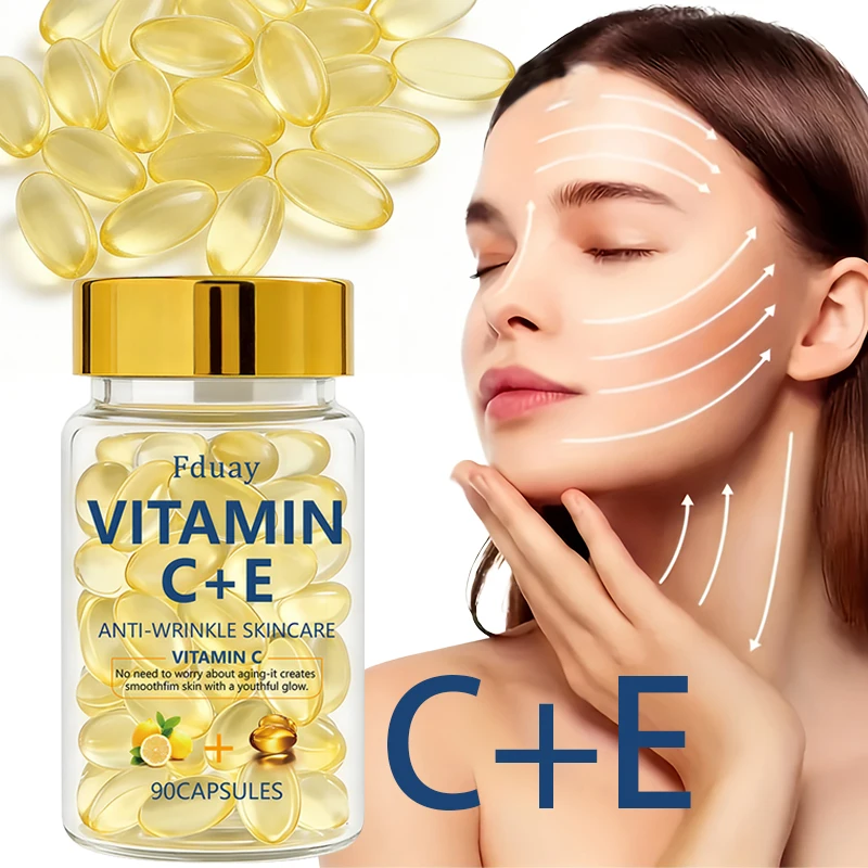 90pcs Vitamin C+E Skincare Essence Capsules with Vitamin C, Vitamin E, Collagen Moisturizer, Lifts Facial Drops, Nutrient Boost