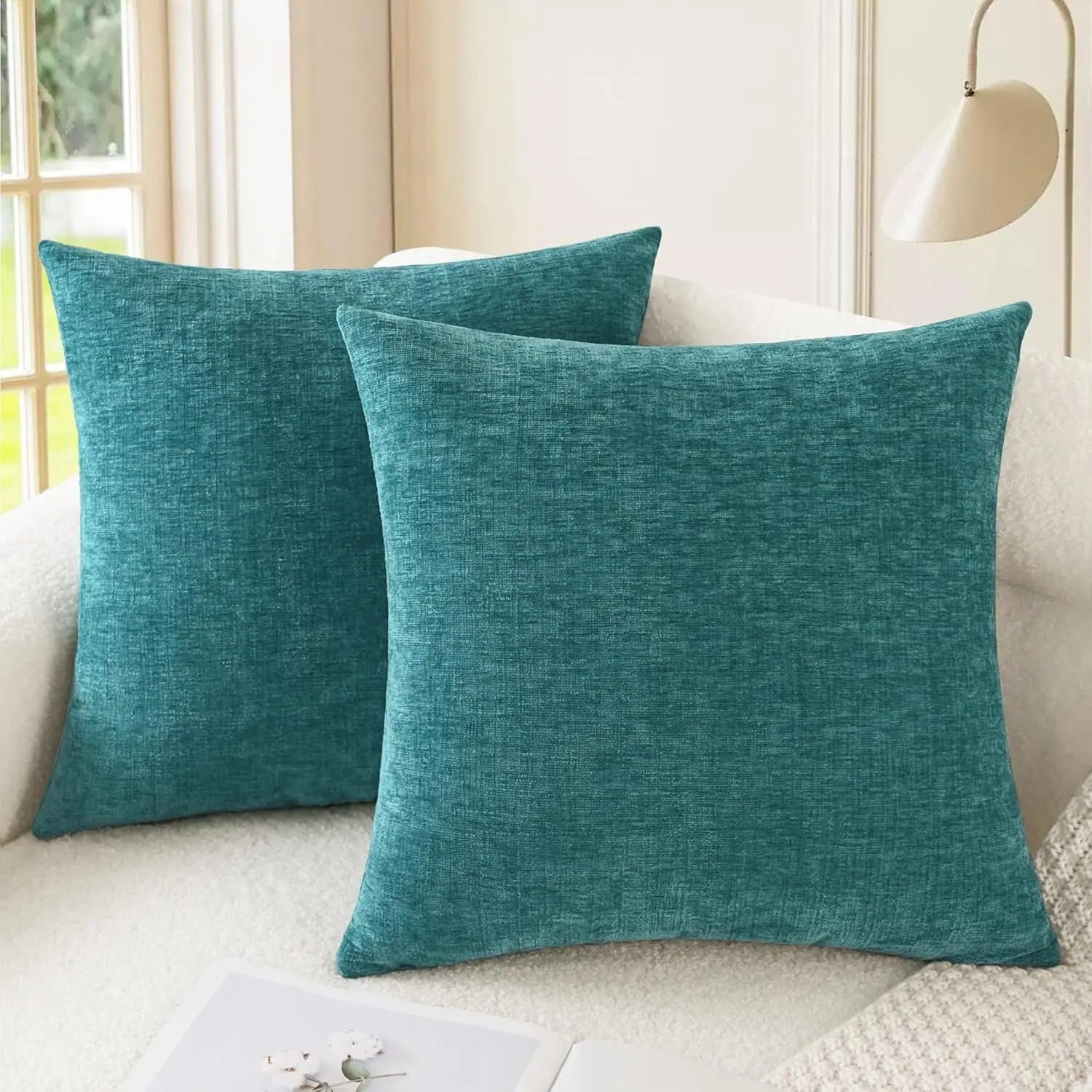 

Throw Pillow Covers Decorative 18 X 18 Inches Pack of 2 Cozy Chenille Cushion Cases for Couch Sofa Bed Living Room Home Teal