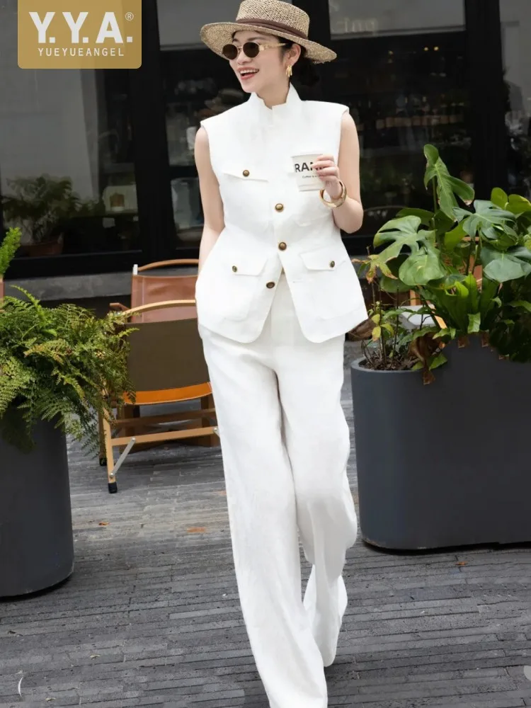 

Летние женские льняные комплекты без рукавов с воротником-стойкой, модный офисный женский комплект из двух предметов, жилет, тонкая полная длина, широкие брюки, наряды