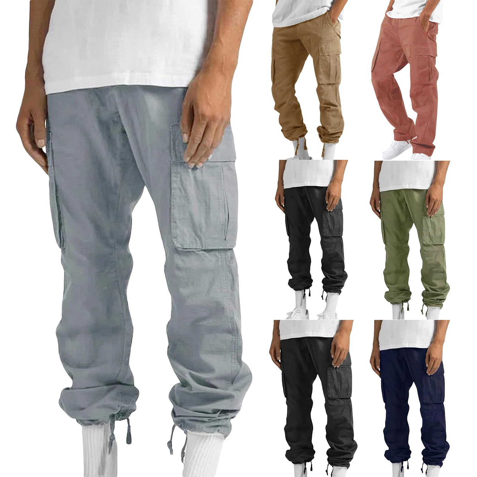 Pantaloni cargo da uomo con tasche Pantaloni sportivi da jogging elastici larghi tinta unita Pantaloni casual Streetwear