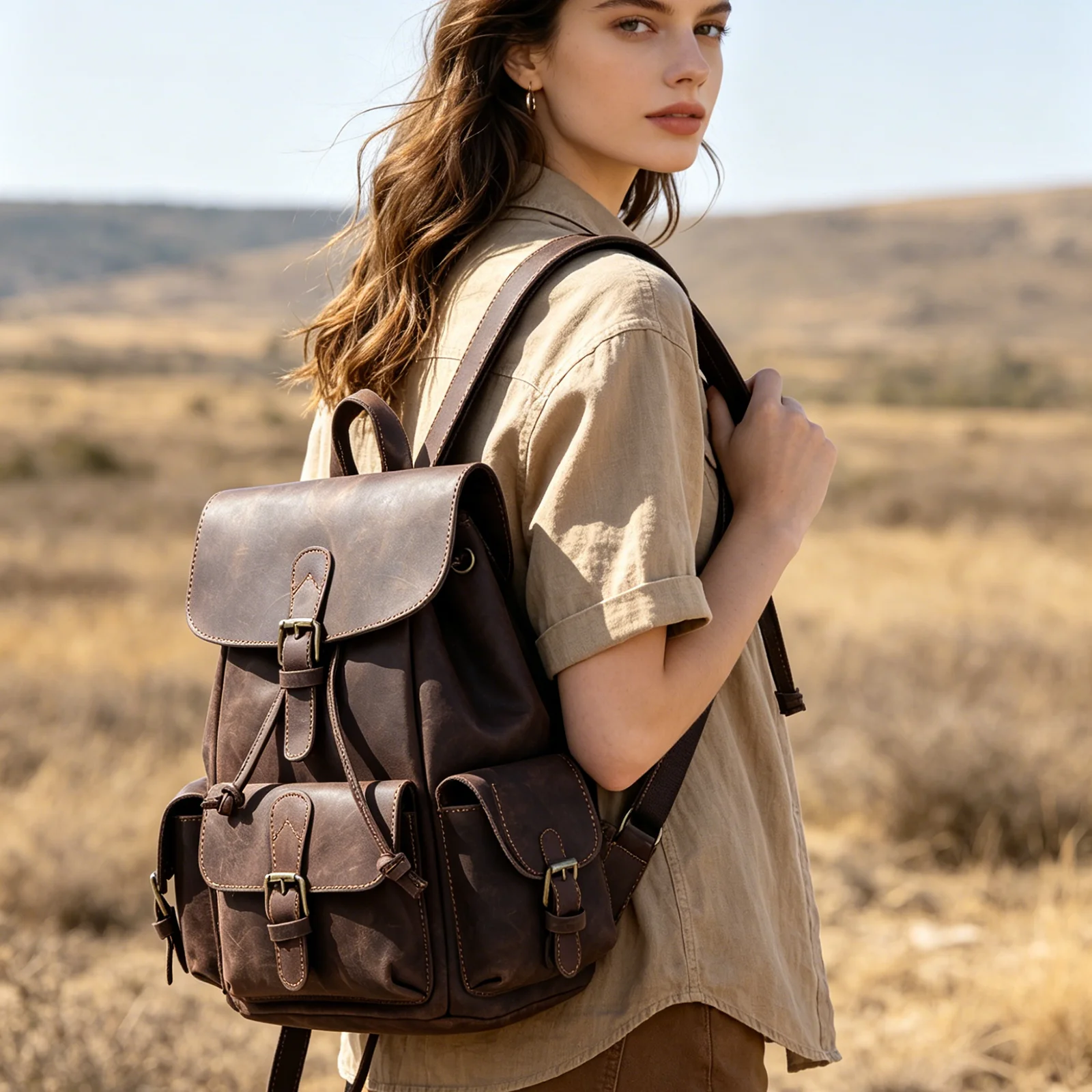 S.WORKER Vintage Echtleder-Rucksack für Damen, Reise-Vintage-Mini-Crazy-Horse-Schultasche, Schultertasche aus Rindsleder – Detail 3