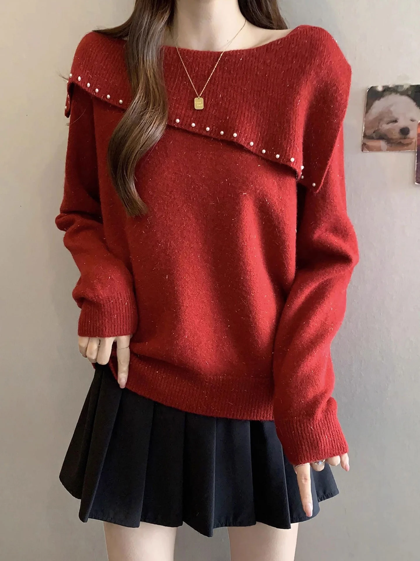 

Ele Red Knitted Long Sve Sweater with Beads Flip Collar for Women plus Size Autumn Winter Bright Tead Anti-Aging Kni...