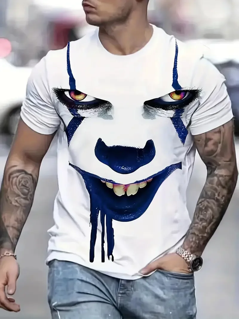 Men's Horrible Clown 3D Print Graphic T-Shirt - Plaid and Fashionable Short-Sleeved Shirt Suitable for Summer Outdoor Activities