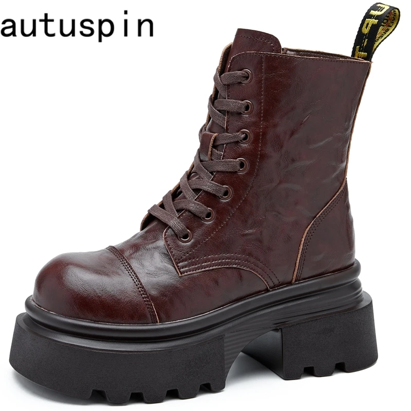 

AUTUSPIN Classics Motorcycle Boots for Women Thick Heels Microfiber Leather Ankle Boots Female Retro Autumn Winter British Shoes