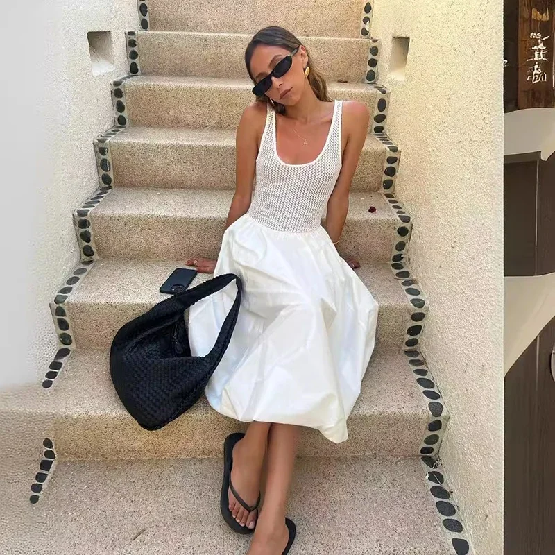 

Elegant Mesh Vest Sleeveless Midi Dress Women Summer Casual Vintage White Pleated Dresses Streetwear Beach Holiday Party Robes