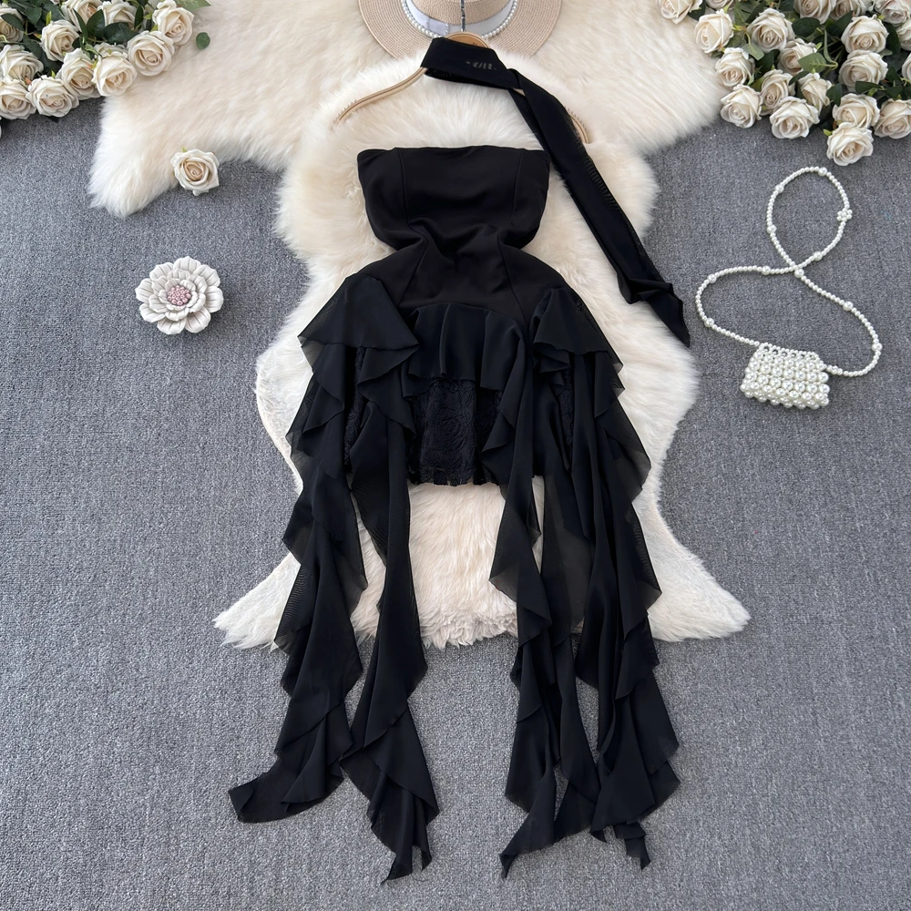 Foamlina French Style White Strapless Dress Women Summer Lace Irregular Flanged Ribbon Design Girl\'s Holiday Shopping Dresses