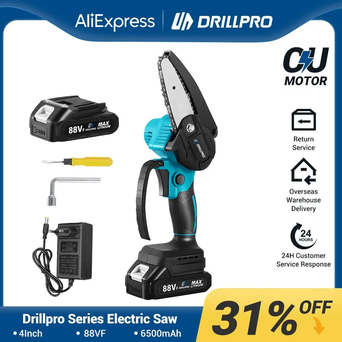 Drillpro Cordless Mini Motosserra Elétrica sem Escova Jardim Ferramenta para Carpintaria Bateria Makita 18v 1200w
