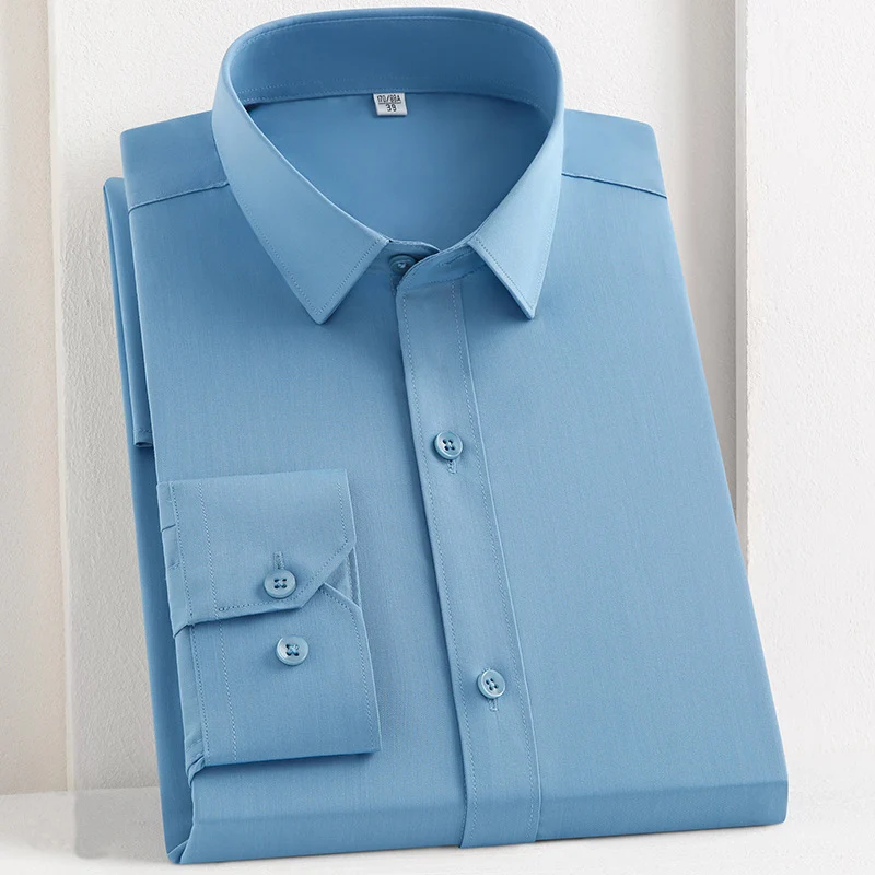 Quality Bamboo Fiber Men\'s Shirts Long Sleeve Anti-Wrinkle Formal Business Slim Fit Camisa Social Office Shirt White Blue Blouse