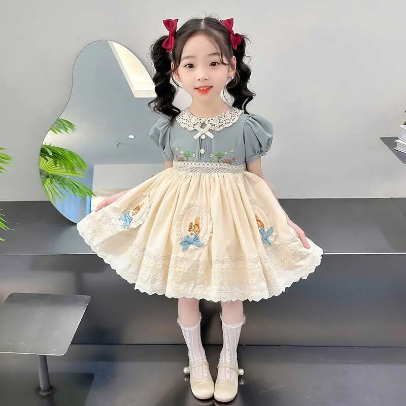 Summer 2024 Kids Clothes for Baby Girls Elegant Dress Cute Cartoon Bow Floral Dress Sweet Party Dresses Lolita Princess 2-8 Year