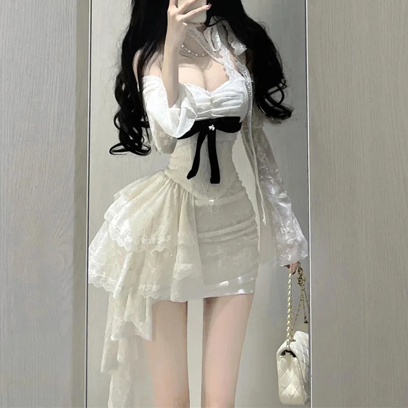 

Fashion Japan Sweet Off Shoulder Lace Dress Slim Waist Long Sleeve Dress for Women Korean Summer New Vestidos Y2k Bodycon Dress