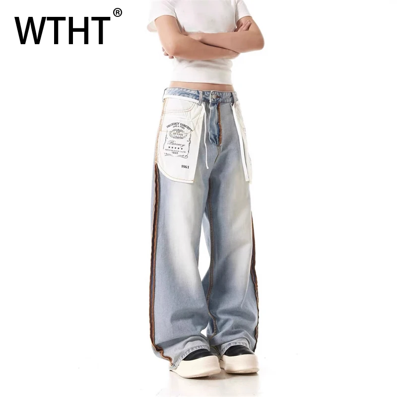 

WTHT Fashion Men's Gradient Striped Back-wrap Design Denim Pants Vintage 2025 Summer High-waisted Straight Jeans Male 2A0444