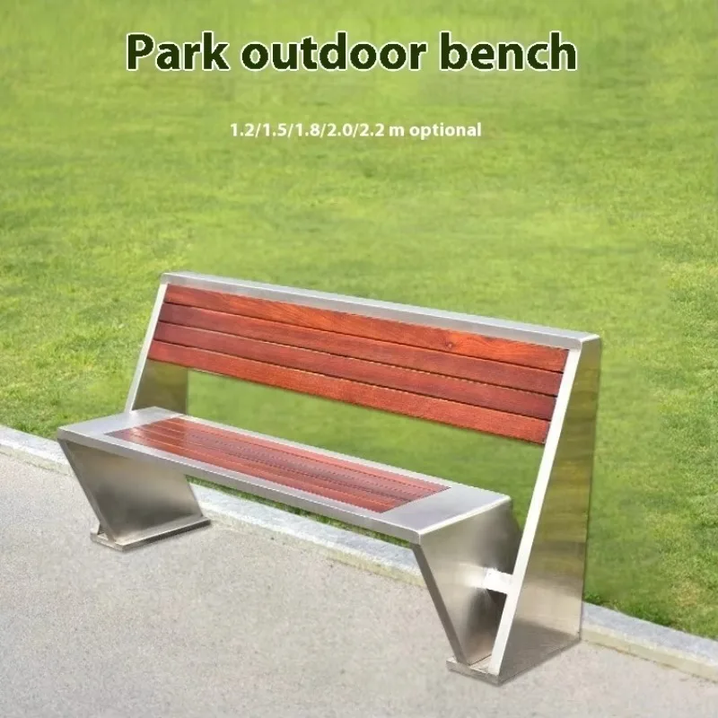 150cm Modern Solid Wood Outdoor Bench Stainless Steel Wrought Iron Anti-Corrosion Leisure Features for Patio Garden Park Entry