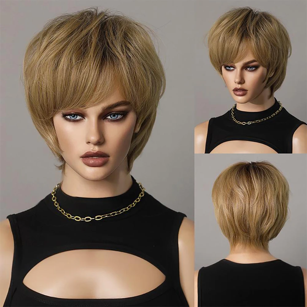 Pelo sintético rizado corto en capas de 8 pulgadas, marrón dorado, peluca de alta calidad Natural y esponjosa para fiesta diaria de mujeres de mediana edad