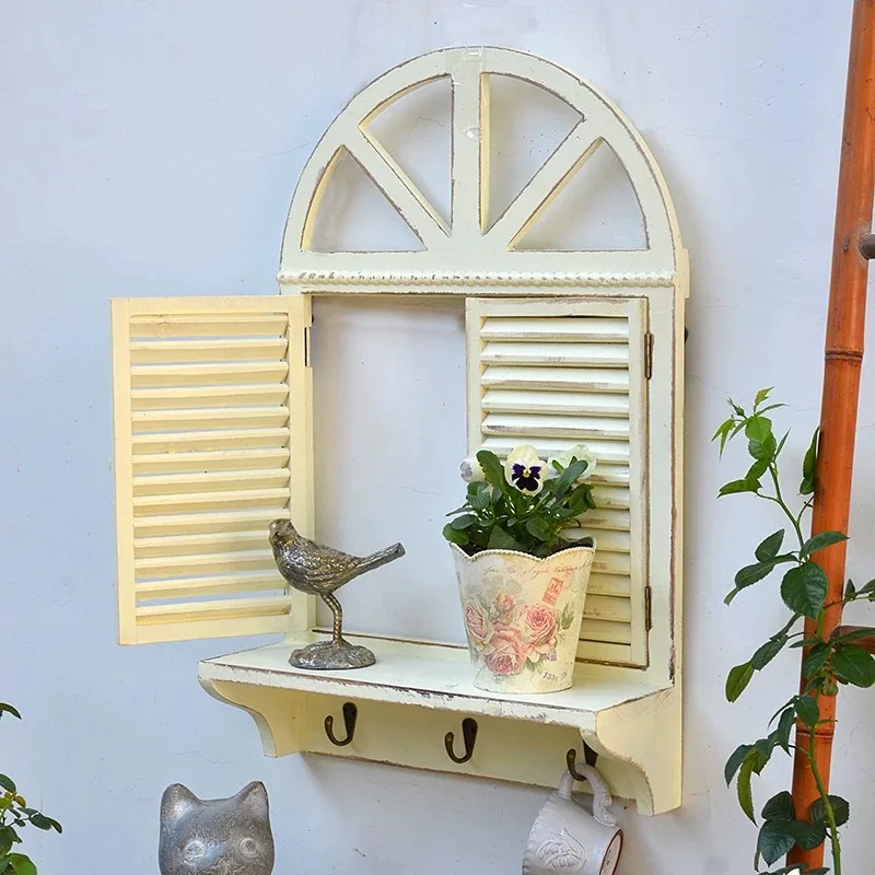 Vintage Decorative Window Shutter Wall Shelf, White, Wood, Arched Design with Hooks, 24.4x15.7x5.3 Inch