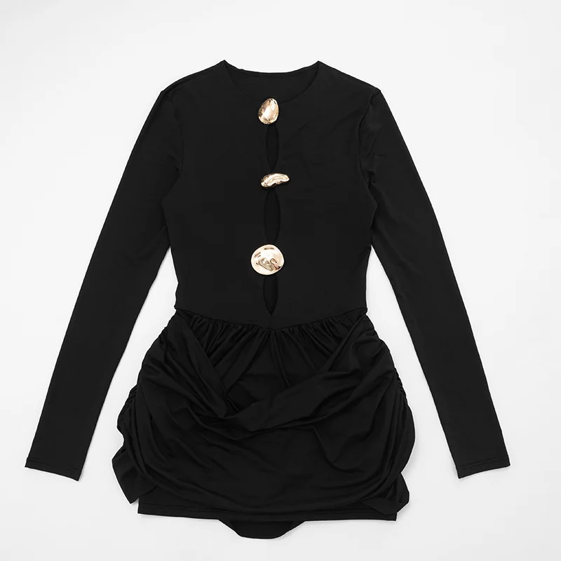 2026 موضة جديدة الجوف خارج فستان قصير مثير المرأة ثوب طويل الأكمام س الرقبة مشبك معدني نادي فساتين الحفلات الإناث الملابس السوداء