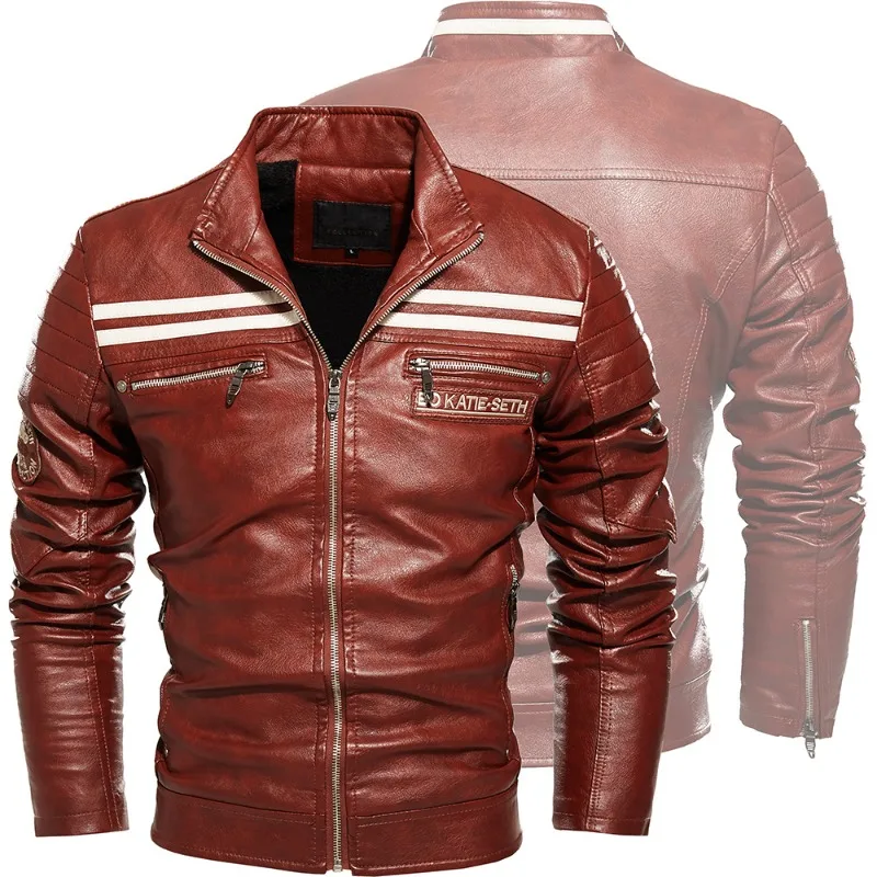 New Men's Jacket, Locomotive Jacket, Same Striped Leather , Velvet Leather Jacket for Men  Korean Fashion