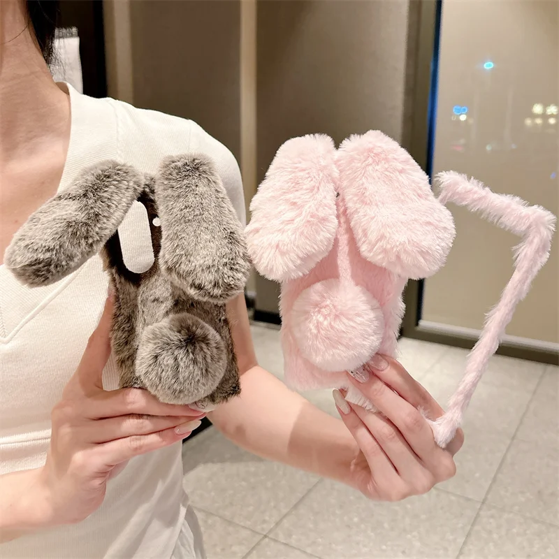 Autumn Winter Fashion Rabbit Plush Warm Hands Phone Case for Samsung Galaxy Z Fold 3 4 5 6 7 8 Cute Cow Furry Shockproof Cover