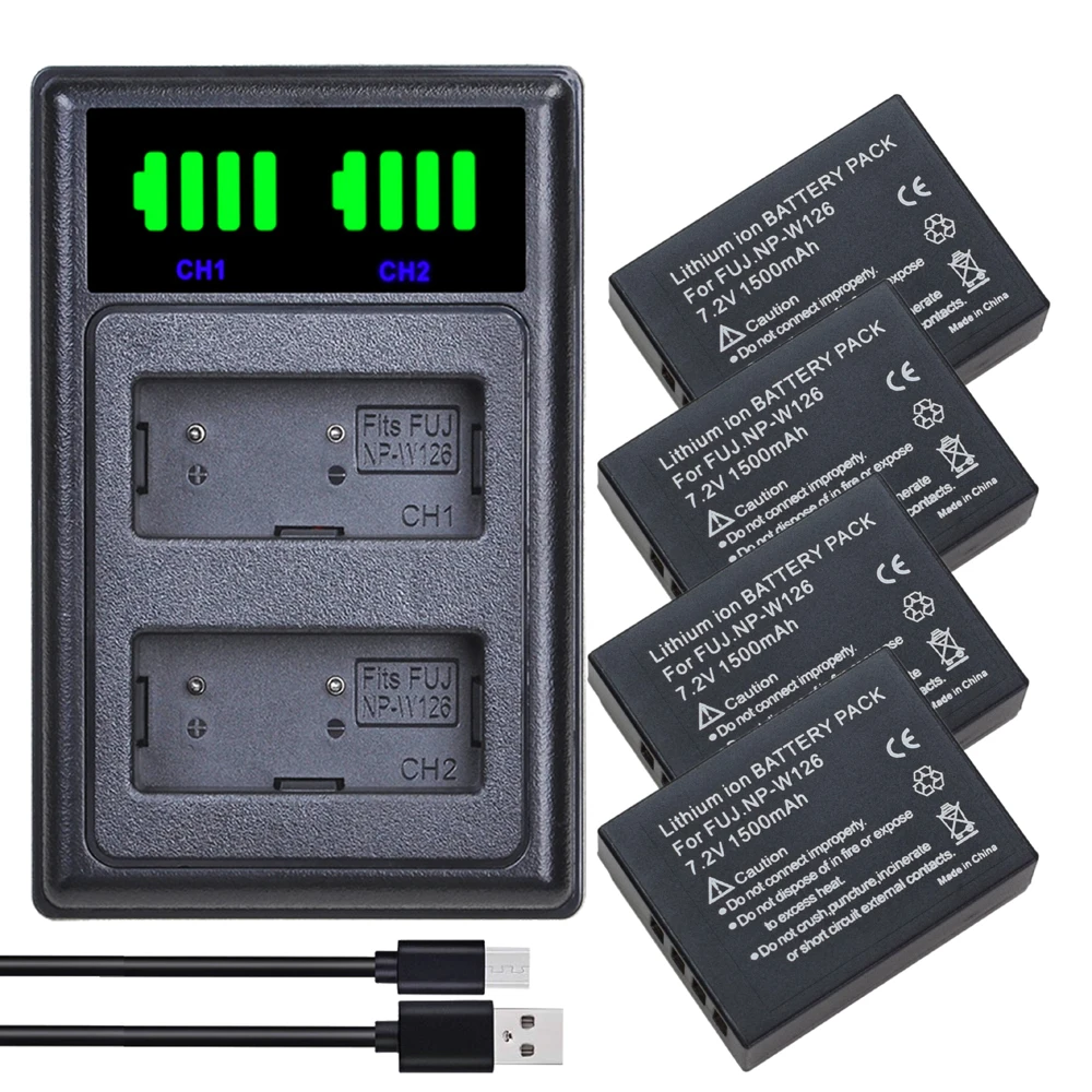 4 шт. NP-W126 NP W126 NP-W126S W126S аккумулятор + двойное зарядное устройство для Fujifilm FinePix X-A1 X-A2 X-A3 X-A7 X-E1 X-E2 X-M1