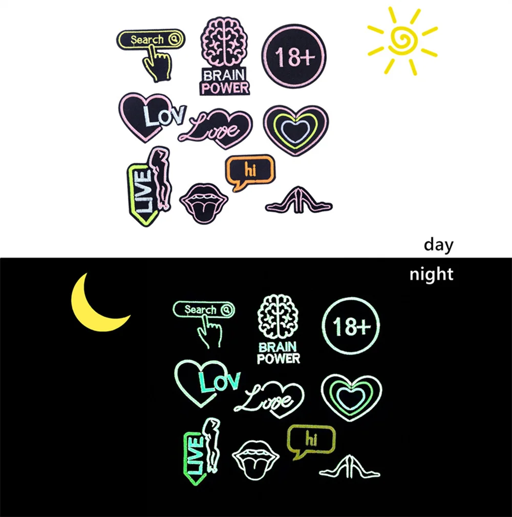 New Night Glow Patch Embroidery Patch DIY Mouth Love Element Iron On Patches for Clothing Embroidered On Clothes Sew Sticker