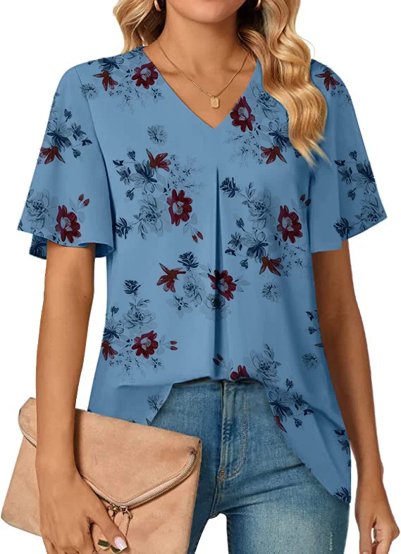 2026Europe and the United States summer new women's V-neck flower print short-sleeve T-shirt top woman