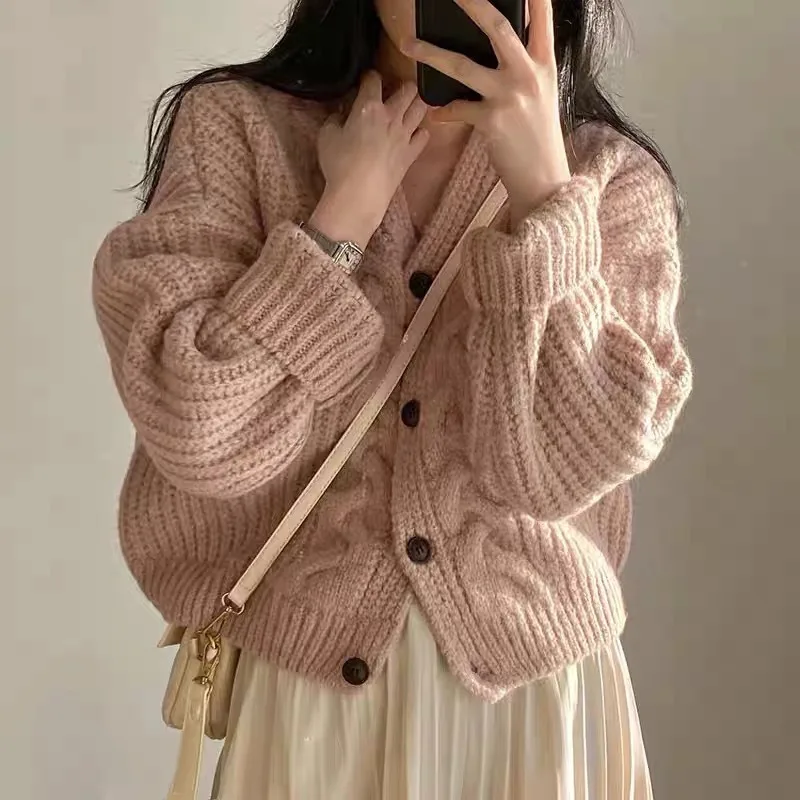 

Korean Chic 2026 Spring and Autumn New Lazy Wind V-neck Bubble Sleeve Twist Pattern Loose Knitted Cardigan Sweater Jacket Women
