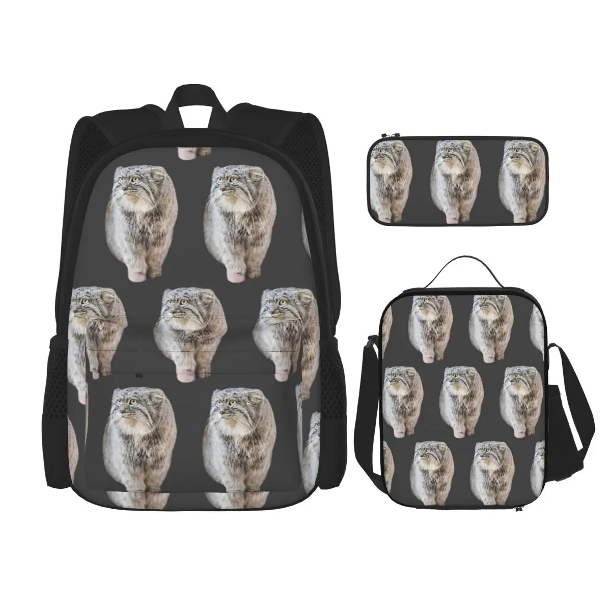 Round Pallas Cat Backpacks Boys Girls Bookbag School Bags Rucksack Lunch Bag Pen Bag Three-Piece Set