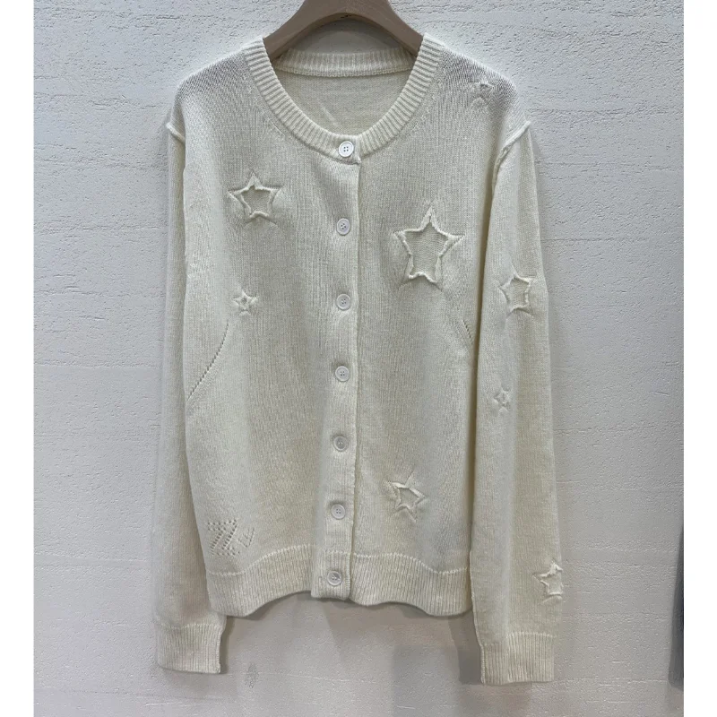 

Female Beige Jumpers Crew Neck Button Cashmere Tops Women Star Embroidered Thin Cardigans Ladies Casual Navy Cashmere Jumpers