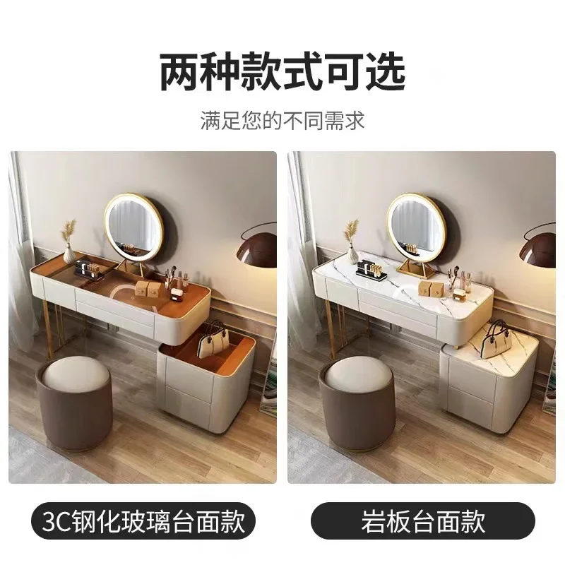 Light luxury all solid wood glass countertop dresser leather bedroom storage cabinet bedside table new modern makeup table