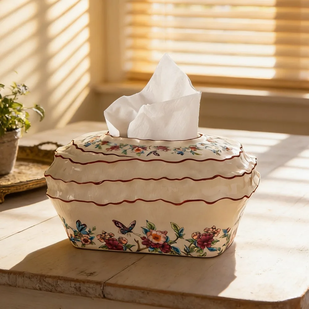 Vintage European Ceramic Tissue Box, Creative Stripe & Floral Design Napkin Holder, Home Decor Tabletop Storage for Living Room view 4