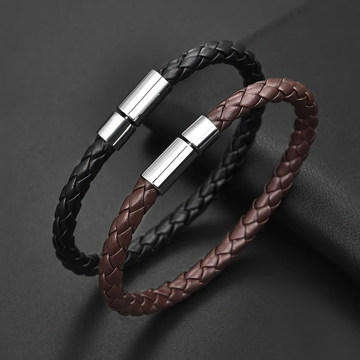 2PCS Brown Black Two Magnetic Fastening Leather Bracelets, Men\'s Bracelets, Men\'s Bracelets