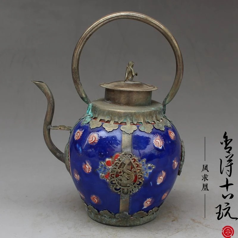 

Old pure copper silver-plated wine, blue peony water wine tea, beautifully carved water ornament