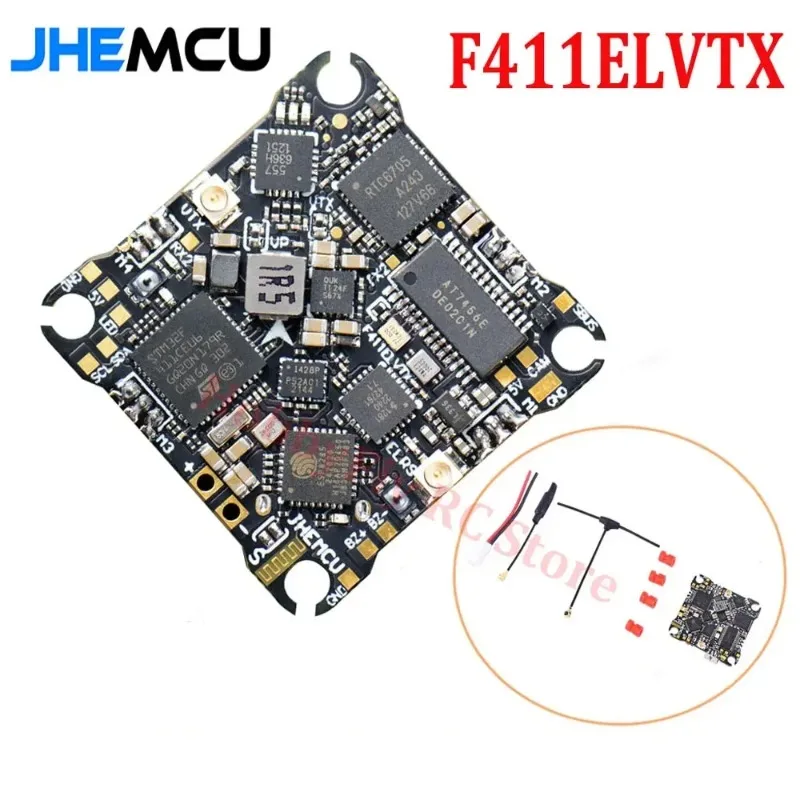 

Плата JHEMCU F411ELVTX AIO, F411 FC + 12A 4-в-1 ESC + 400mW VTX + ELRS RX для FPV-дрона Tinywhoop 1-2S, 25.5x25.5мм